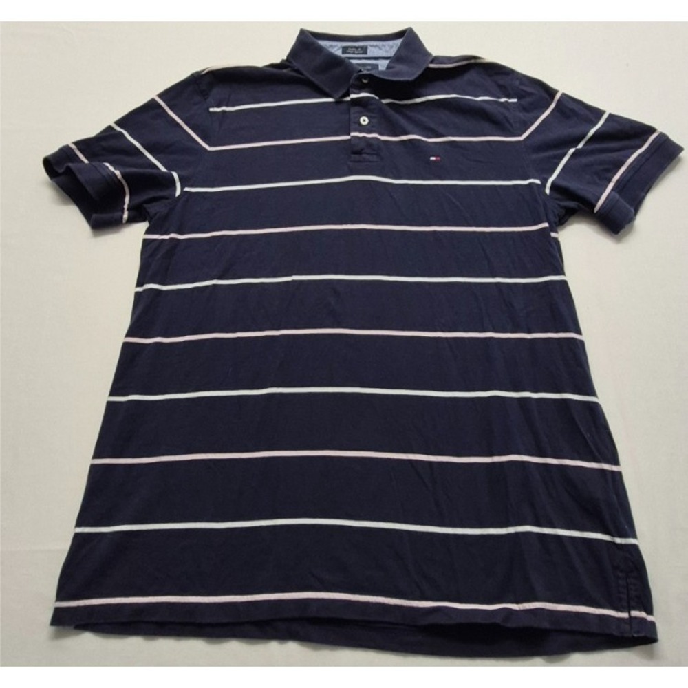 Tommy Hilfiger men's navy blue striped polo shirt XL 100% Cotton Custom Fit